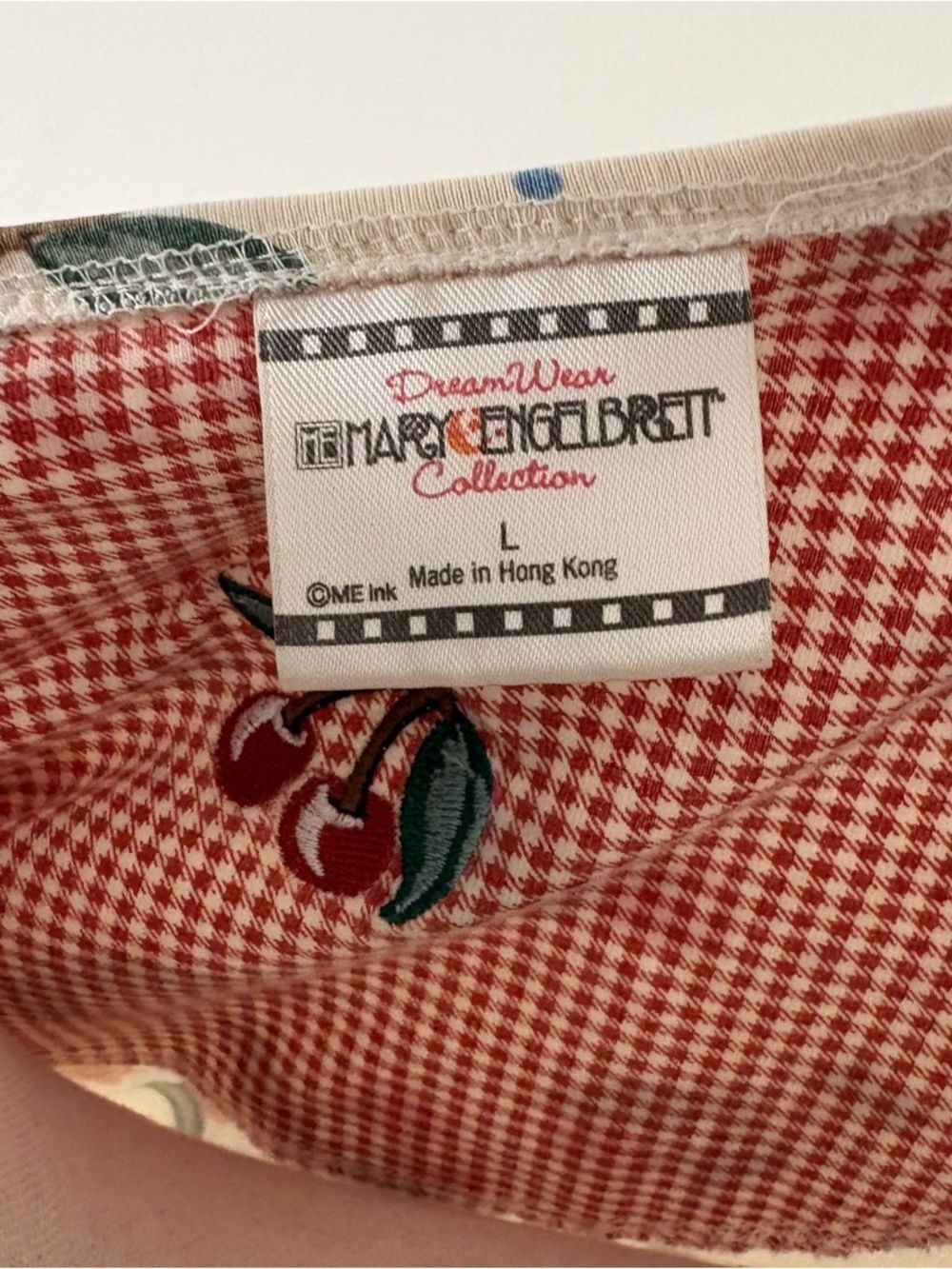 Vintage Mary Engelbreit Red Cherry Short Sleeve Lace Trim 100% Cotton Shirt Sz L - Picture 4 of 5